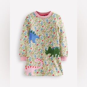 Boden Ida Sweatshirt Appliqué Dress in Multi Meadow Floral Dinosaurs 4-5Y NWT